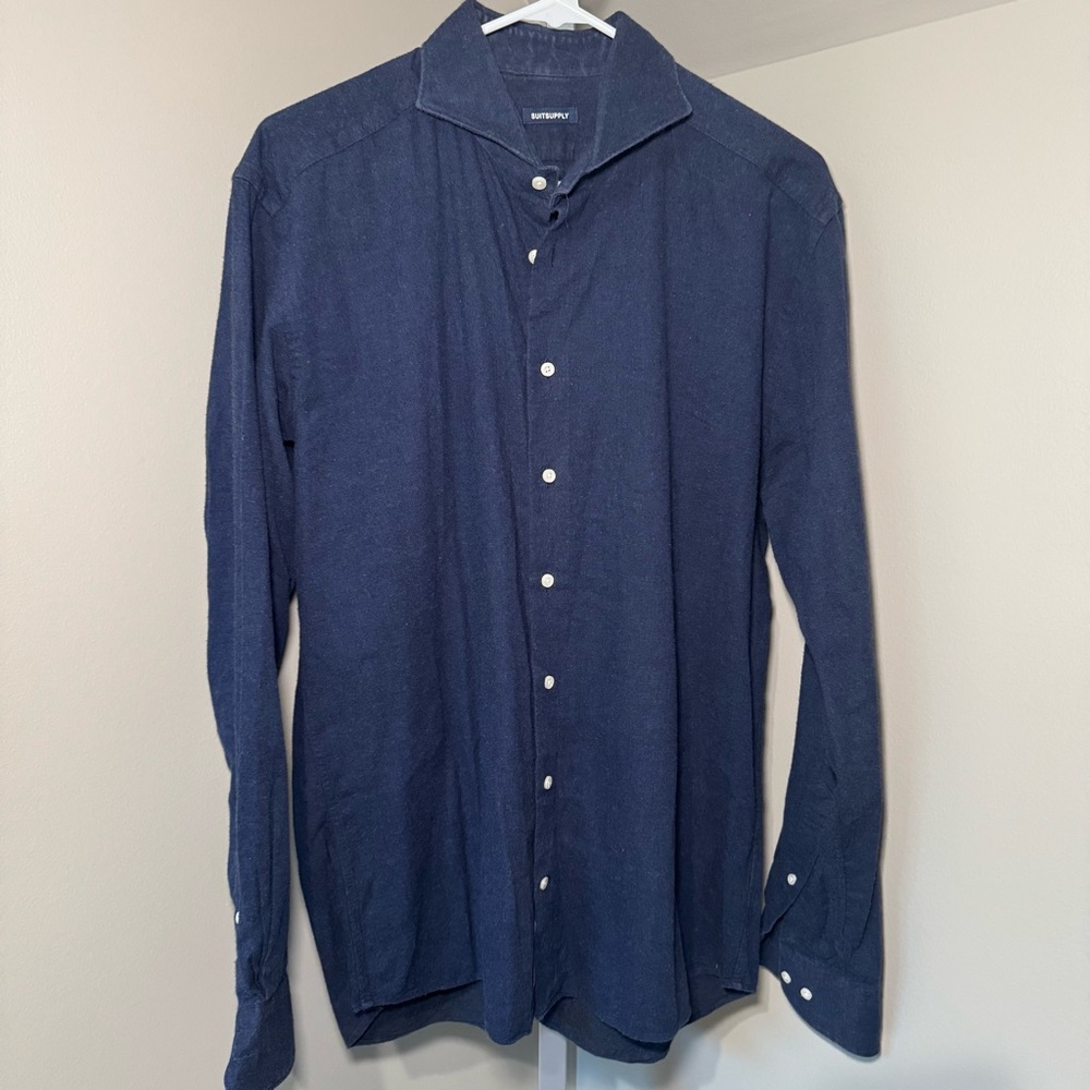Suitsupply Men's Navy Blue Casual Button Up Shirt Cotton‎ Flannel Size 41/16